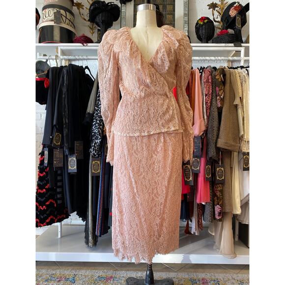 vintage 1980s sheer pink lace suit 80s fashion puff shoulders wrap blouse skirt - Picture 2 of 10